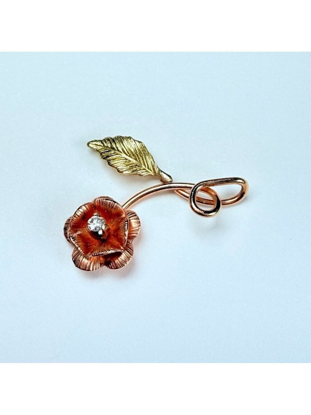 14K Two Tone Gold Diamond Solitaire Black Hills Style Rose & Leave Charm Pendant - Picture 3 of 7